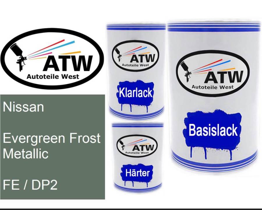 Nissan, Evergreen Frost Metallic, FE / DP2: 500ml Lackdose + 500ml Klarlack + 250ml Härter - Set, von ATW Autoteile West.